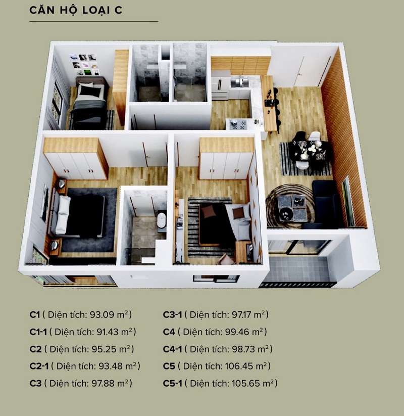 Căn hộ loại C The Zen Residence, 3 phòng ngủ
