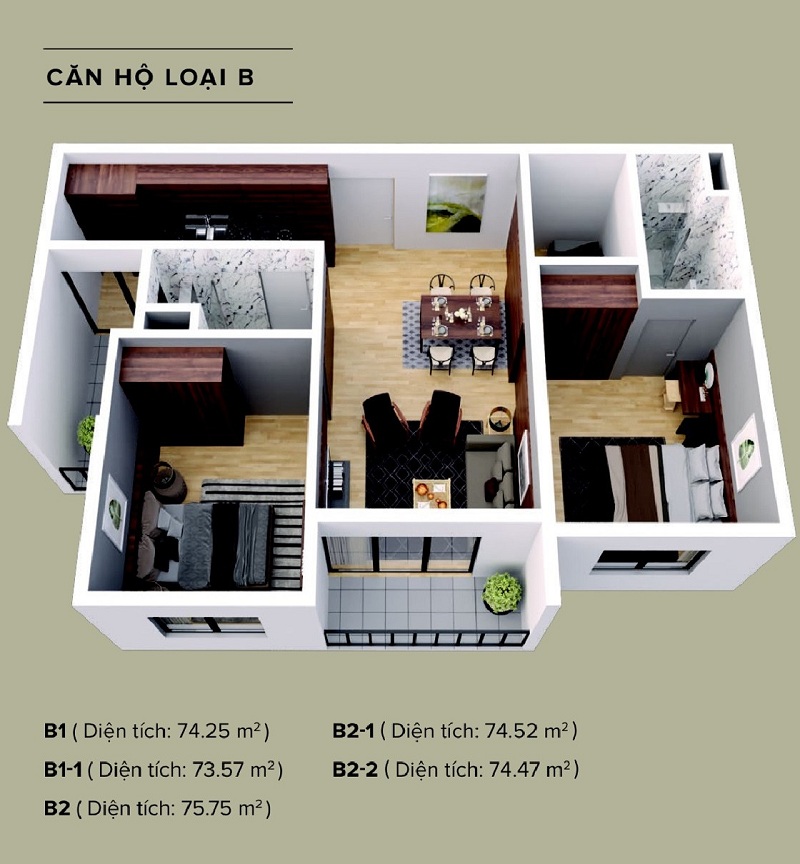 Căn hộ loại B The Zen Residence 2 Phòng ngủ