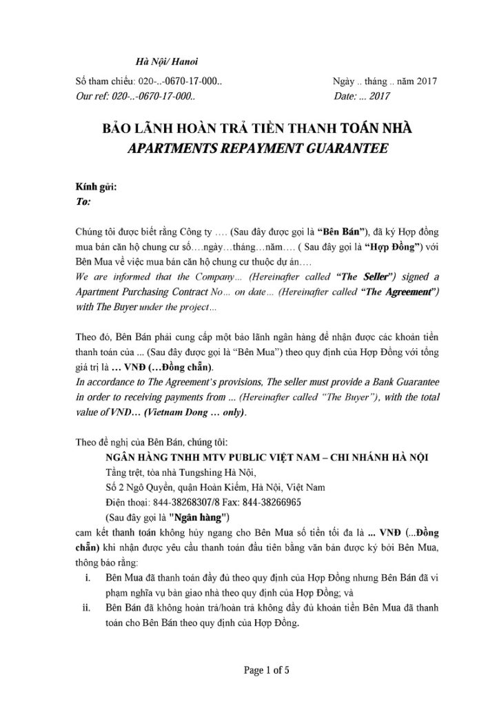Bảo lãnh hoàn trả tiền thanh toán nhà