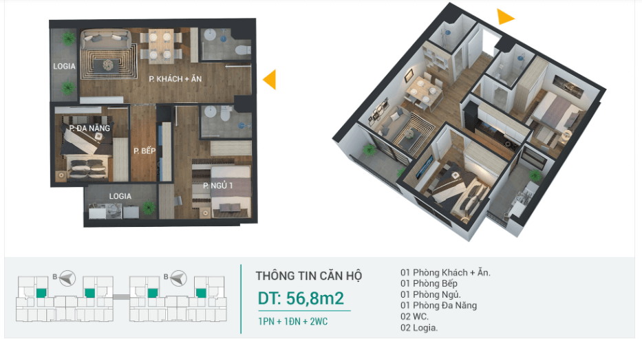 căn hộ Green Park Phương Đông 56,8m2, 2PN