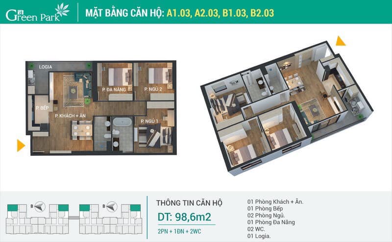mặt bằng căn hộ Green Park Hoàng Mai căn 98.6m2, 3PN, Vs
