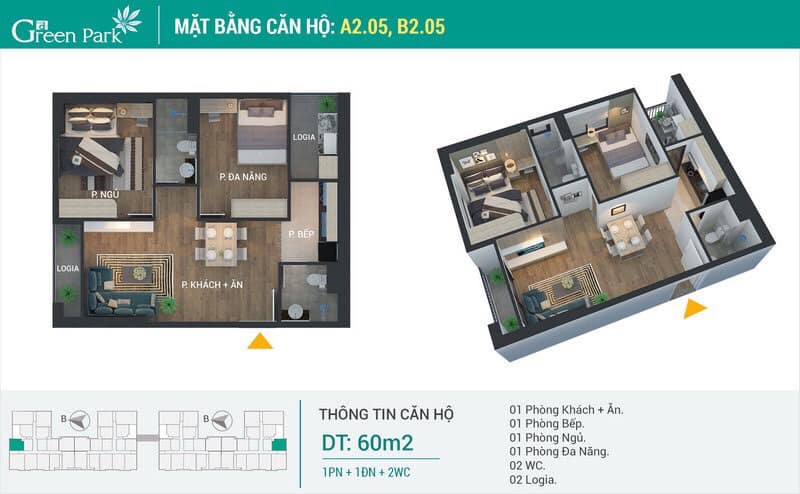 mặt bằng căn hộ Green Park Hoàng Mai căn A2.05 và B2.05, diện tích 60m2