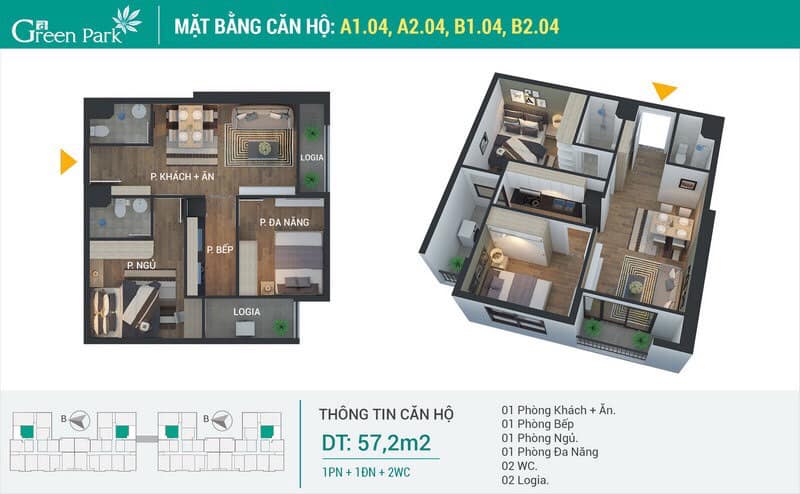 mặt bằng căn hộ Green Park Hoàng Mai căn diện tích 57.2m2, 1PN+2VS