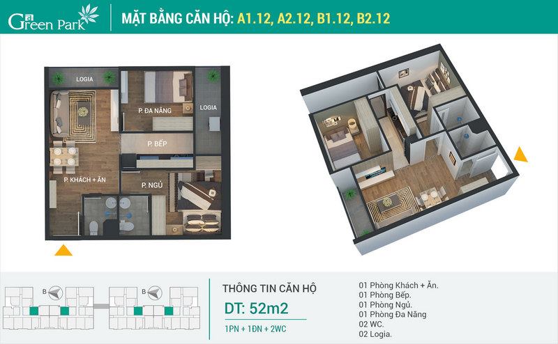 mặt bằng căn hộ green park Hoàng mai căn hộ 52m2