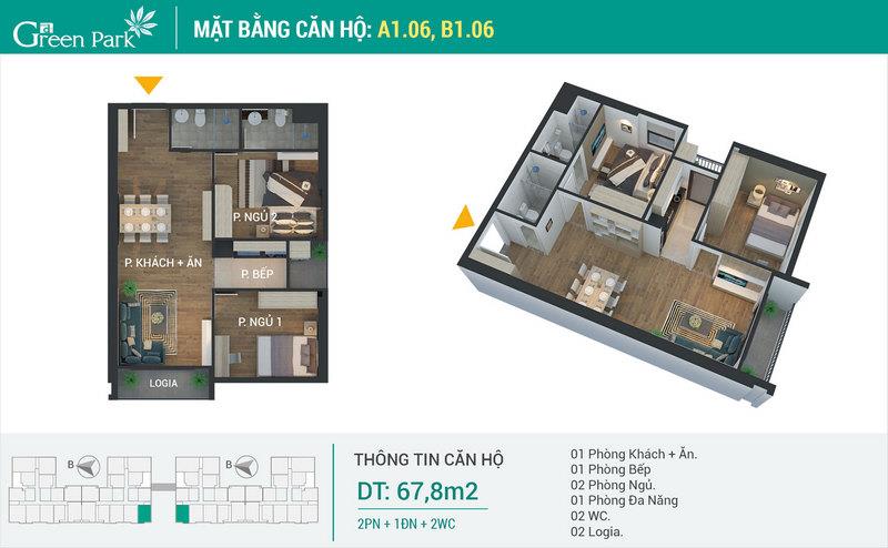 mặt bằng căn hộ green park Hoàng mai căn hộ 67,8m2