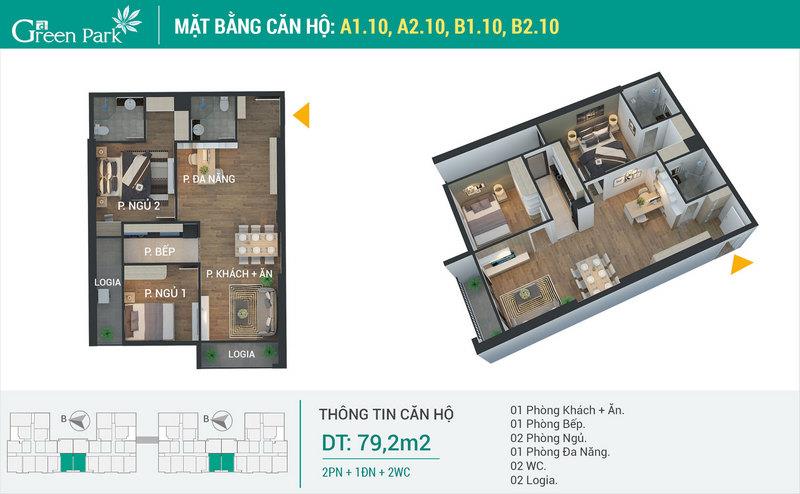 mặt bằng căn hộ green park Hoàng mai căn hộ 79.2m2