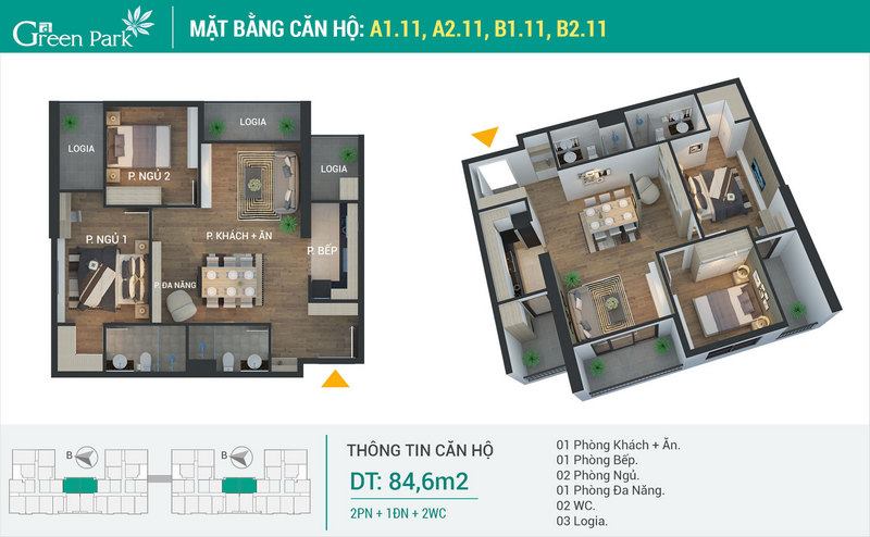 mặt bằng căn hộ green park Hoàng mai căn hộ 84.6m2