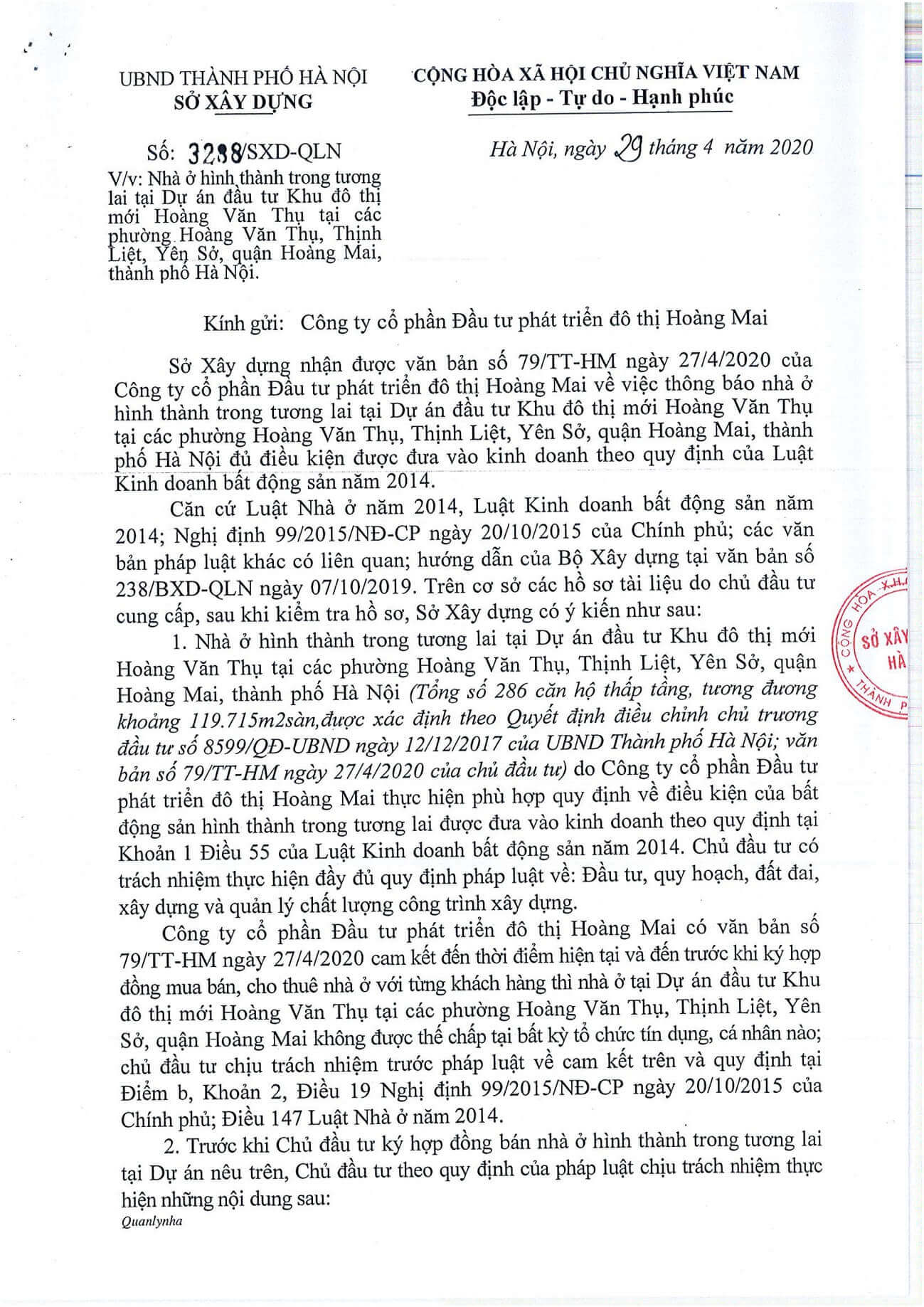 Sở xây dựng hà nội cấp phép được bán dự án louis Hoàng mai