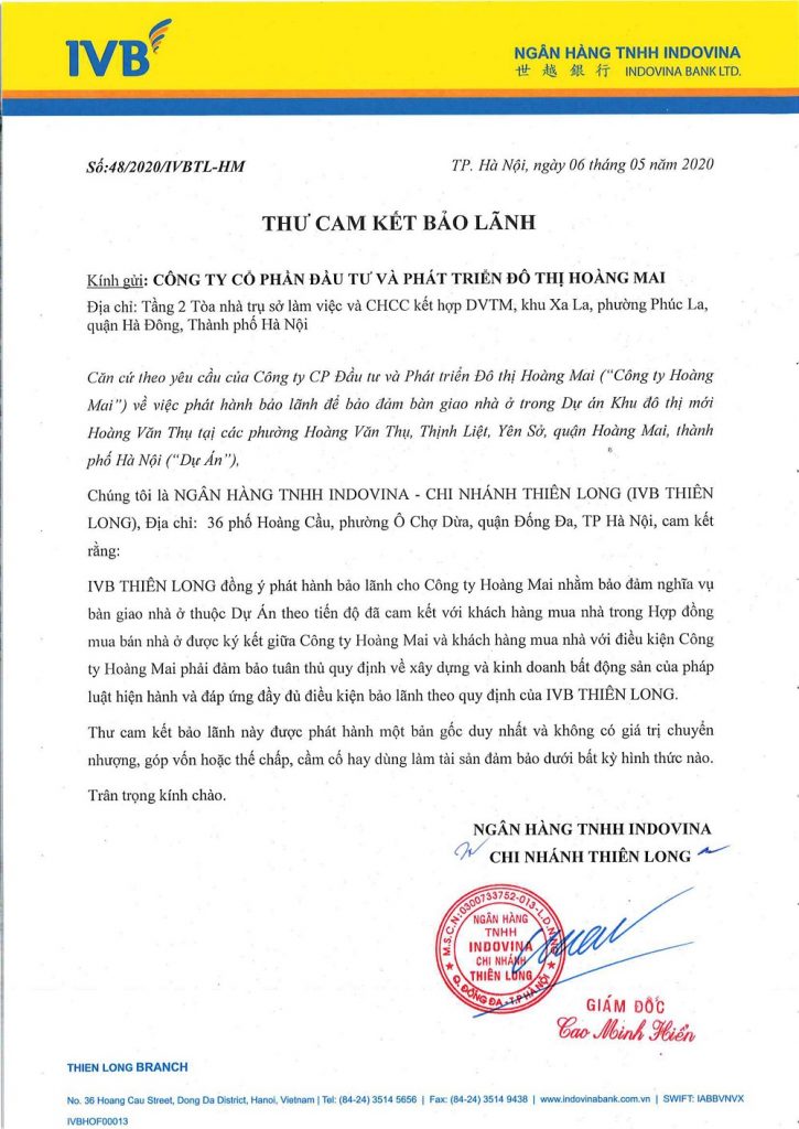 chứng thư bảo lãnh cam kết của ngân hàng tại dự án Louis City