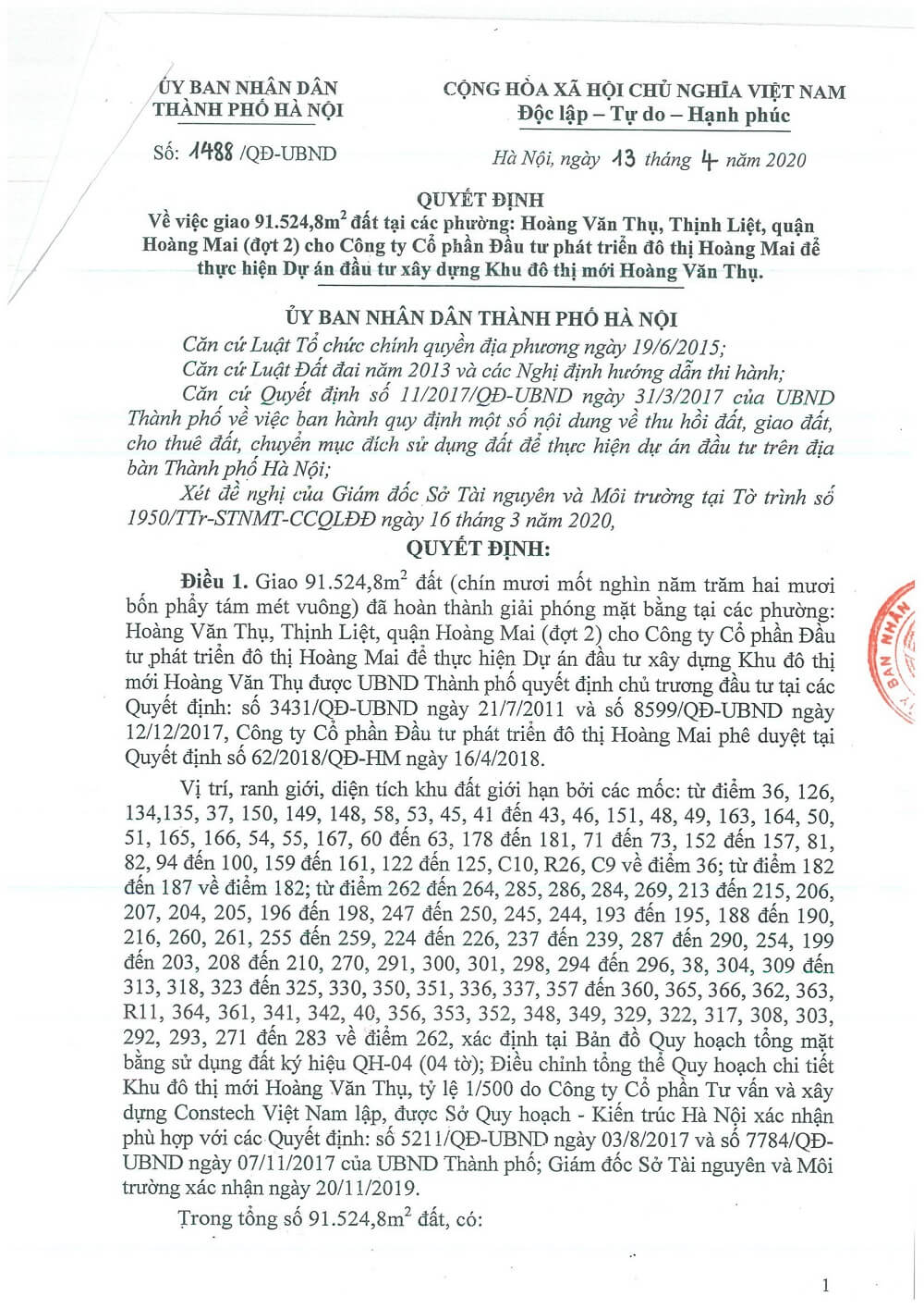 quyết định giao đất giai đoạn 2 cho cđt hoàng mai