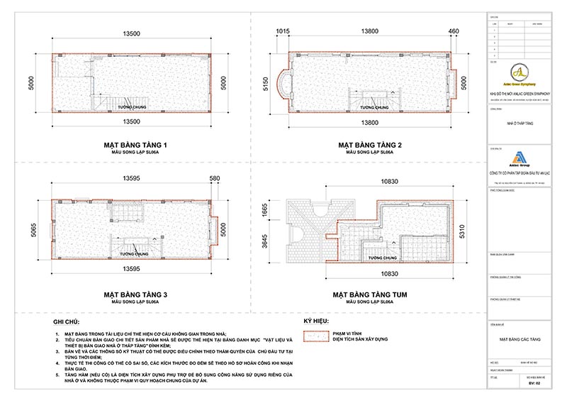 Bản vẽ tầng 1,2,3 mái Mẫu SL06A hầm phụ trợ Mẫu SL06A Biệt thự song lập An Lạc Greem Symphony