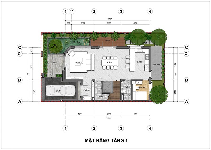 Mặt bằng tầng 1 Biệt thự song lập An Lạc Green Symphony