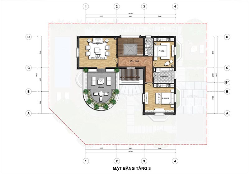 Mặt bằng tầng 3 biệt thự đơn lập An Lạc Green Symphony