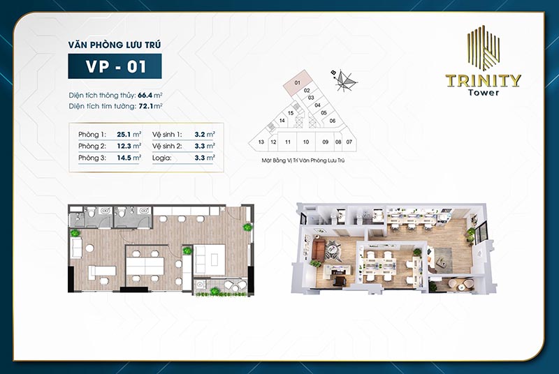 Căn hộ văn phòng lưu trú Officetel TRINITY TOWER MỄ TRÌ Căn 01