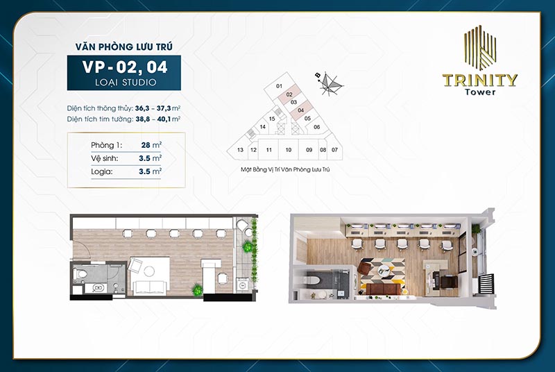 Căn hộ văn phòng lưu trú Officetel TRINITY TOWER MỄ TRÌ Căn 02, 04
