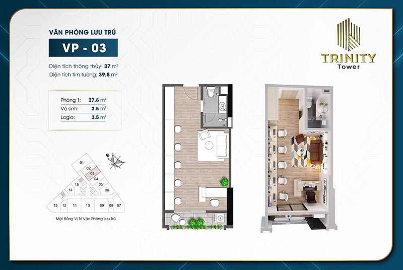 Căn hộ văn phòng lưu trú Officetel TRINITY TOWER MỄ TRÌ Căn 03