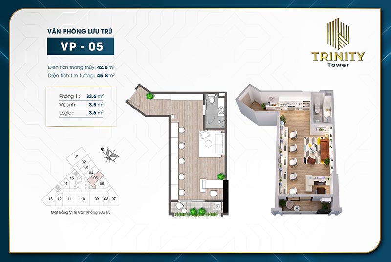 Căn hộ văn phòng lưu trú Officetel TRINITY TOWER MỄ TRÌ Căn 05