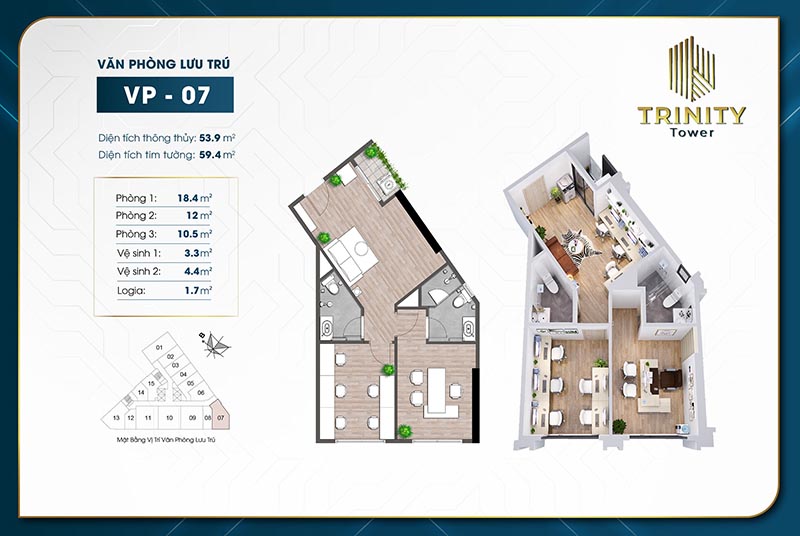 Căn hộ văn phòng lưu trú Officetel TRINITY TOWER MỄ TRÌ Căn 07