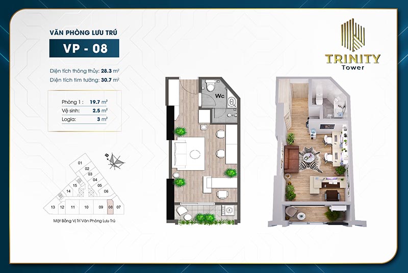 Căn hộ văn phòng lưu trú Officetel TRINITY TOWER MỄ TRÌ Căn 08