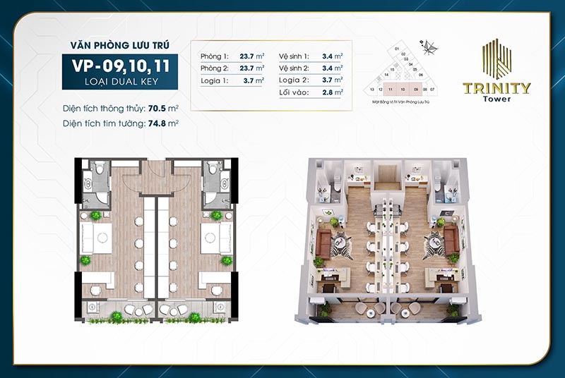 Căn hộ văn phòng lưu trú Officetel TRINITY TOWER MỄ TRÌ Căn 09, 10, 11 Dual Key