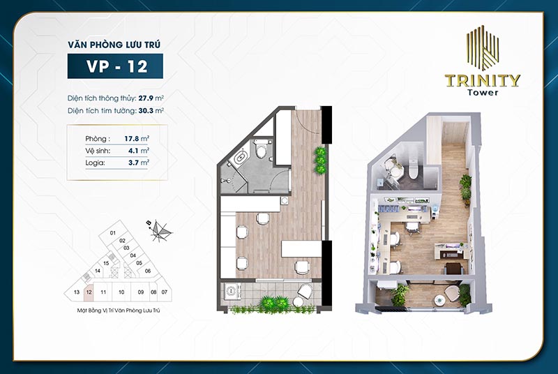 Căn hộ văn phòng lưu trú Officetel TRINITY TOWER MỄ TRÌ Căn 12