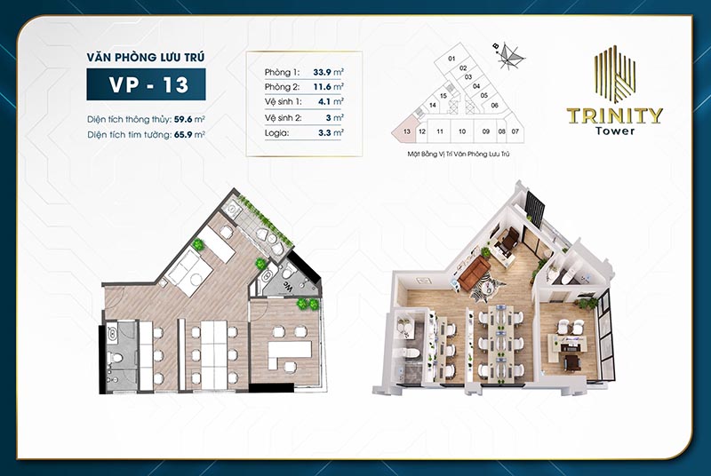 Căn hộ văn phòng lưu trú Officetel TRINITY TOWER MỄ TRÌ Căn 13