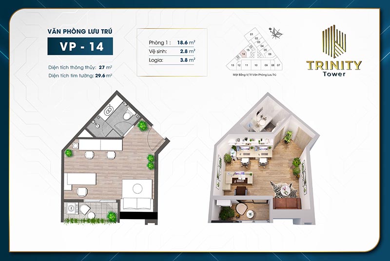 Căn hộ văn phòng lưu trú Officetel TRINITY TOWER MỄ TRÌ Căn 14