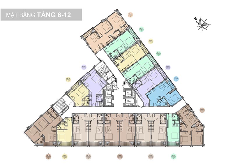 Mặt bằng tầng 6 - 12 căn hộ TRINITY TOWER MỄ TRÌ